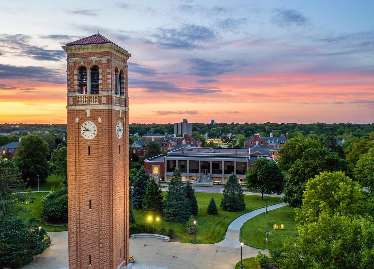 University campus bell tower at sunset
